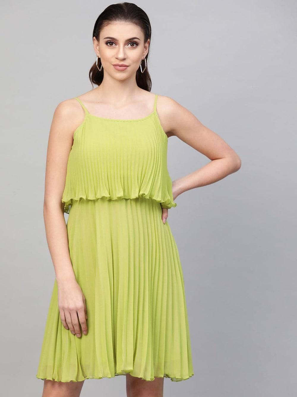 Sassafras Women's Solid Green Pleated Strappy Skater Short Dress