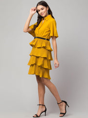 Oceanista Women's Crepe Solid Shirt Collar Flared Mustard Short Dress