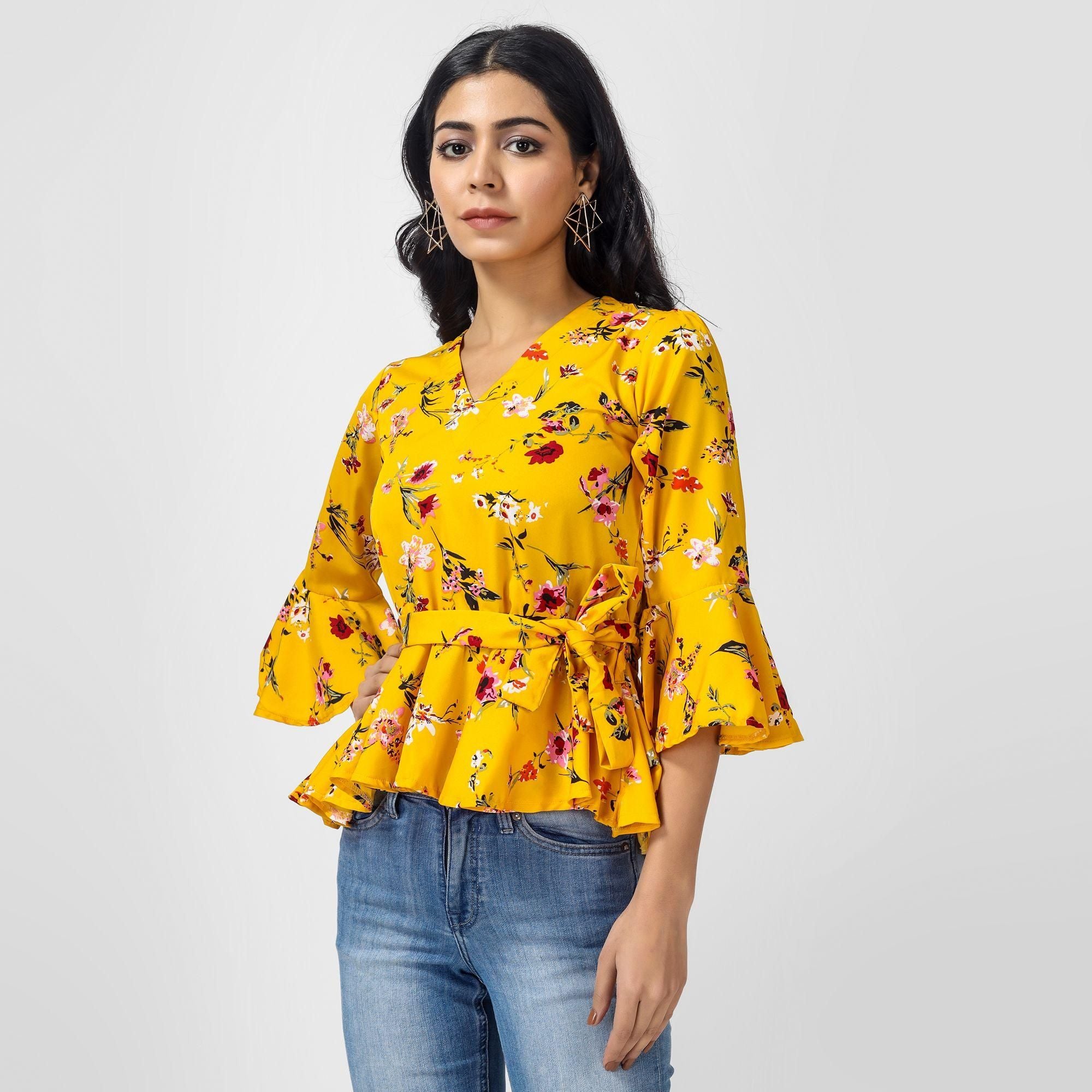 Oceanista Women's Crepe Floral Print Mustard Top