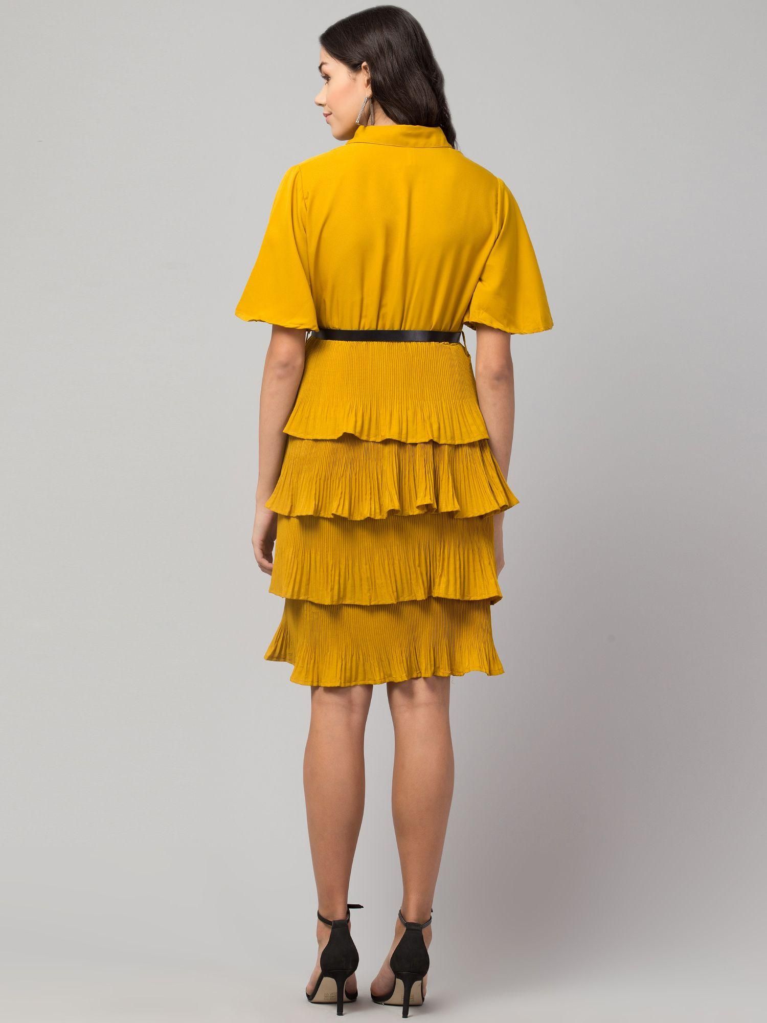 Oceanista Women's Crepe Solid Shirt Collar Flared Mustard Short Dress