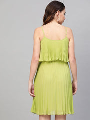 Sassafras Women's Solid Green Pleated Strappy Skater Short Dress